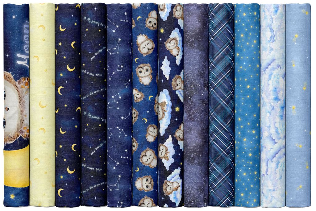 Owl Always Love You fabric collection displaying the assortment of fabrics in this line.