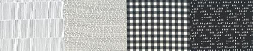 50 Years of Moda black and white quilt fabric collection featuring modern and classic designs, including stripes, text prints, checks, and dots.