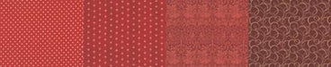 50 Years of Moda burgundy quilting fabric collection featuring rich red tones with dots, florals, and intricate patterns.