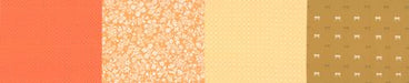 50 Years of Moda marigold cotton quilting fabric collection featuring bright orange and yellow tones with floral, geometric, and textured patterns.