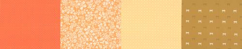 50 Years of Moda marigold cotton quilting fabric collection featuring bright orange and yellow tones with floral, geometric, and textured patterns.