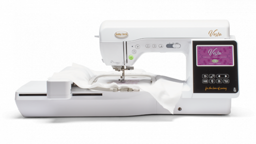 Baby Lock Vesta Sewing & Embroidery Machine with embroidery arm making a design