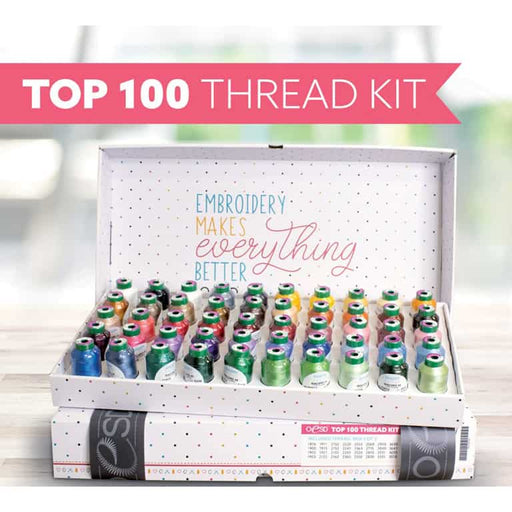 OESD Isacord Top 100 thread kit in box opened displaying threads