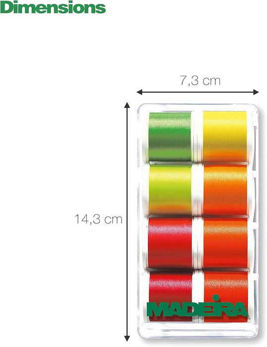 Madeira 8 Spool PolyNeon threads in case with dimensions