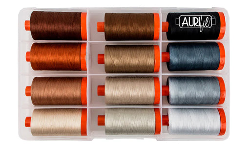 The perfect box of neutrals thread set by Pat Sloan for Aurifil threads showcasing inside the box and the colors of thread