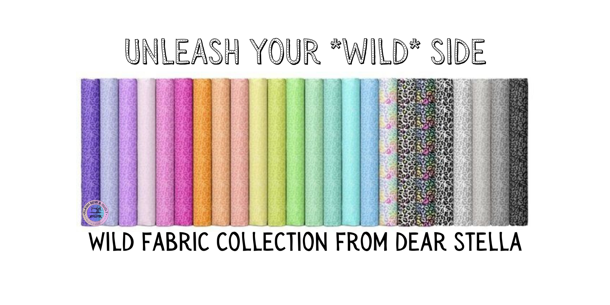 A colorful assortment of fabrics from the Wild Fabric Collection by Dear Stella, featuring a variety of animal prints and vibrant hues ranging from pastels to bold shades, displayed in a neat row.