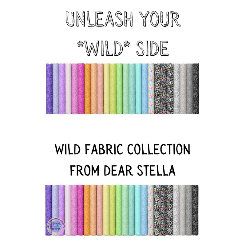 A colorful assortment of fabrics from the Wild Fabric Collection by Dear Stella, featuring a variety of animal prints and vibrant hues ranging from pastels to bold shades, displayed in a neat row.