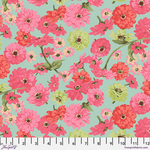 Zinnia Toss Aqua PWMN034.AQUA Garden by Martha Negley for FreeSpirit Fabrics