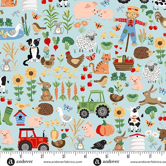 Fun on the Farm Friends Blue fabric MU-064-B