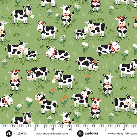 Fun on the Farm Grazing Cows Green fabric MU-065-G