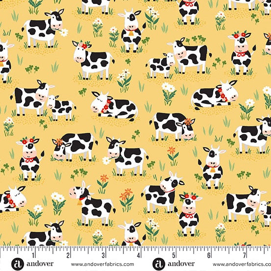 Fun on the Farm Grazing Cows Yellow fabric MU-065-Y