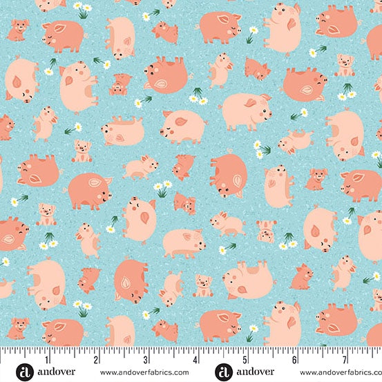 Fun on the Farm Happy Pigs Blue fabric MU-069-B