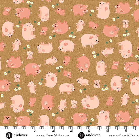 Fun on the Farm Happy Pigs Brown fabric MU-069-V