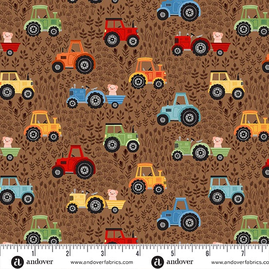 Fun on the Farm Tractors Brown fabric MU-067-V