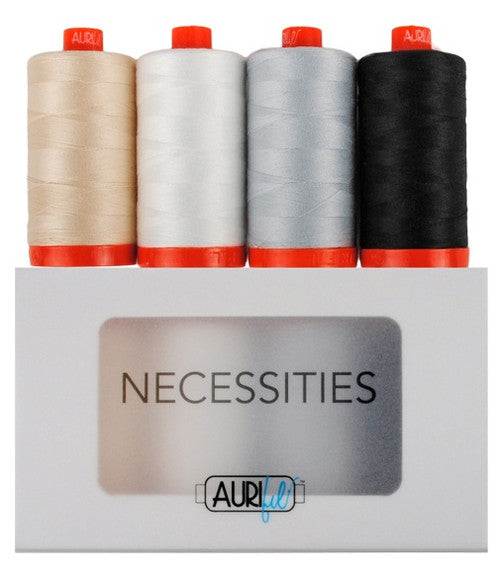 Aurifil Designer Thread Collection-Necessities showcasing the 4 spools of thread on top of the box