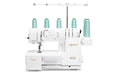 Front angle of the Baby Lock Applaud Serger Machine with teal threads, highlighting its compact design and multiple threading capabilities.