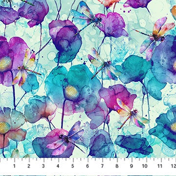 Dragonfly Dance seafoam multi floral fabric by Deborah Edwards and Melanie Samra for Northcott Fabrics, featuring soft seafoam background with colorful dragonflies and floral accents, perfect for quilting and decor.