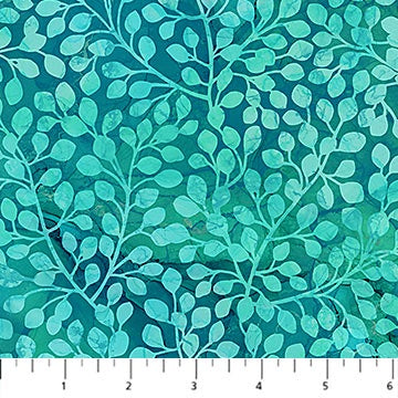 Dragonfly Dance teal leaves fabric by Deborah Edwards and Melanie Samra for Northcott Fabrics, featuring vibrant teal background with delicate leaf and dragonfly designs, ideal for quilting and decor.