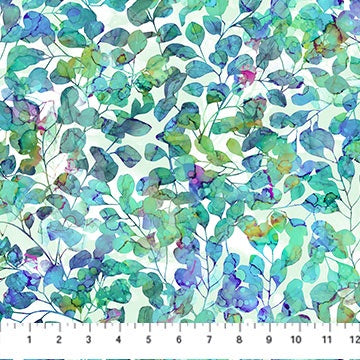 Dragonfly Dance white fabric with teal leaves by Deborah Edwards and Melanie Samra for Northcott Fabrics, featuring teal leaf patterns on white fabric, perfect for quilting and decorative projects.