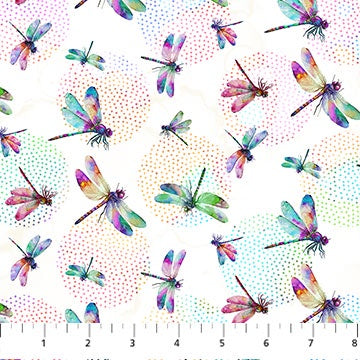 Dragonfly Dance fabric by Deborah Edwards and Melanie Samra for Northcott Fabrics, featuring rainbow-colored dragonflies on a white background with multicolored dots, ideal for quilting and vibrant home décor.