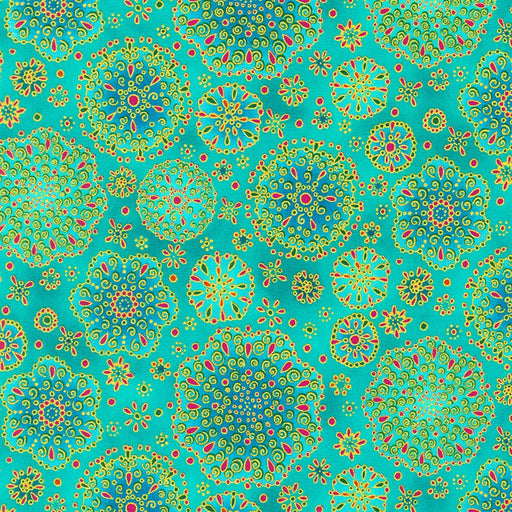 Turquoise yardage AXUM-21612-81 Jeweled Leaves fabric collection by Parvaneh Holloway - Robert Kaufman fabrics