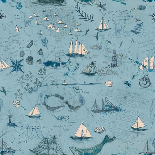  Longshore Passport Day quilting fabric by Janet Clare. 100% cotton fabric with a sailboat and lighthouse pattern on a light blue background. Ideal for coastal-themed projects.