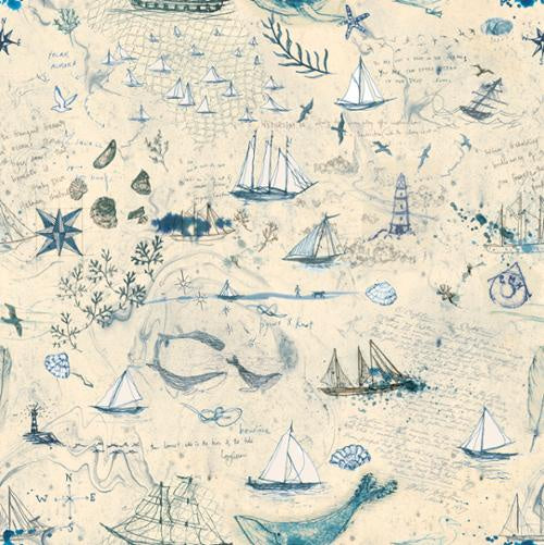 Longshore Passport Flag quilting fabric by Janet Clare. 100% cotton fabric with a nautical map design featuring sailboats, lighthouses, and marine life. Ideal for coastal-themed projects.