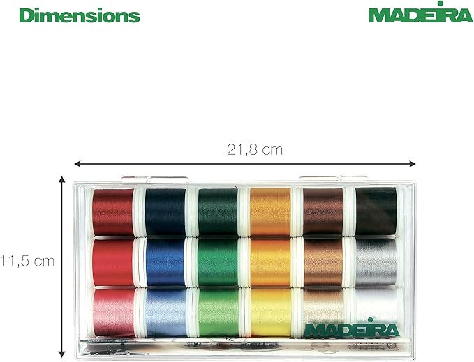 Madeira 18 Spool Rayon Embroidery Thread Set in case with dimensions