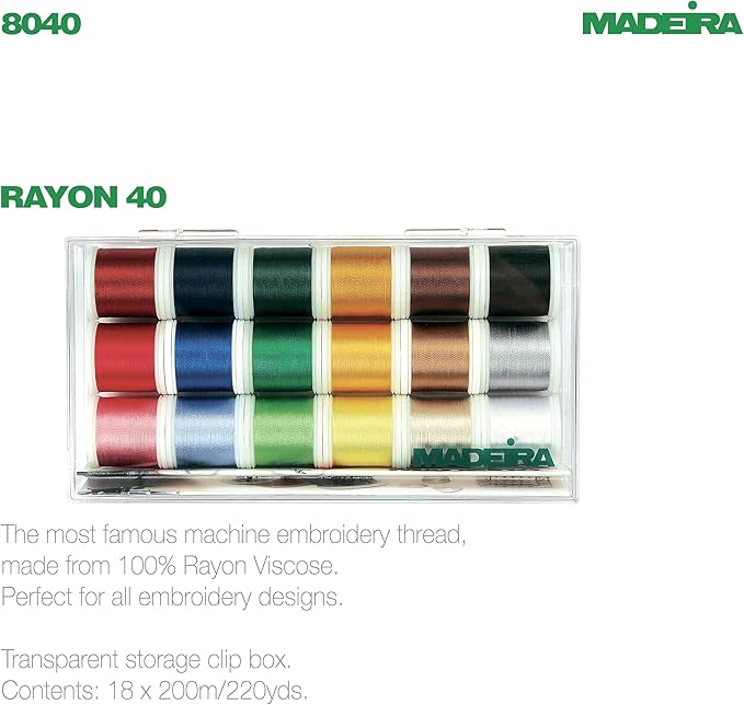 Madeira 18 Spool Rayon Embroidery Thread Set in case with description