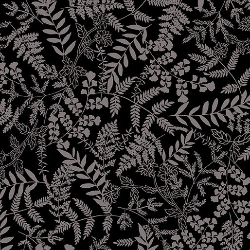 Black fabric with ferns in patterns for Midnight Rhapsody fabric collection