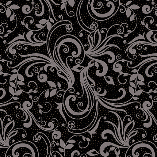 Black fabric with gray fern patterns from Midnight Rhapsody fabric collection