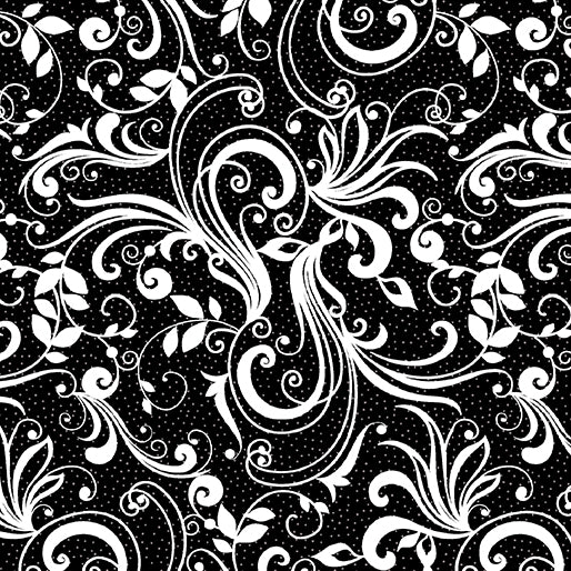 black fabric with white scroll patterns from Midnight Rhapsody fabric collection