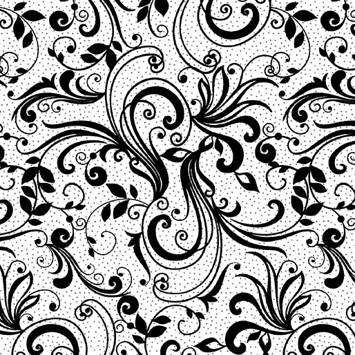 White fabric with black scroll patterns from Midnight Rhapsody fabric collection