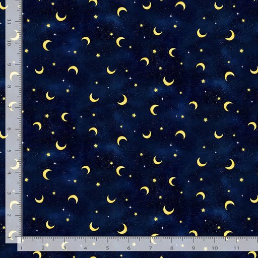 Owl Always Love You fabric collection navy fabric with crescent moons and stars all around