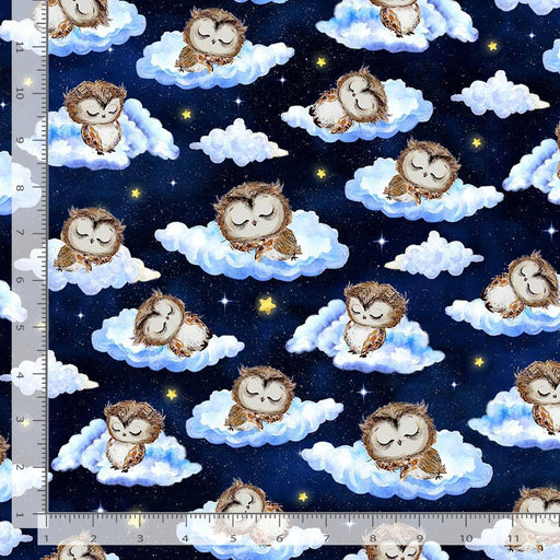 Owl Always Love You fabric collection navy fabric with sleeping owls on top of clouds with the night sky in the background