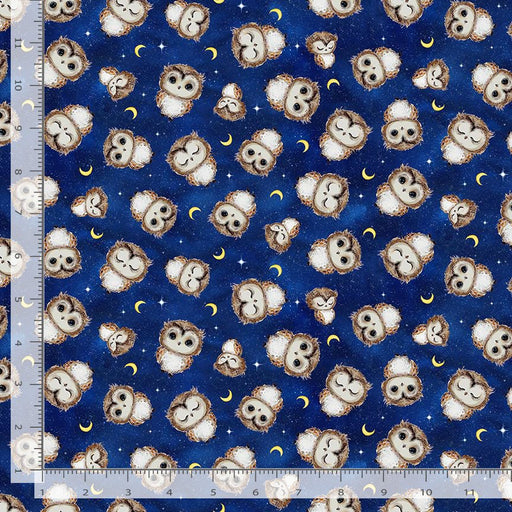 Owl Always Love You fabric collection navy fabric with owls and moons all over and some owls have their eyes closed and some open