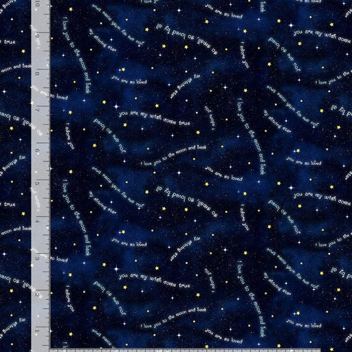 Owl Always Love You fabric collection navy fabric with stars and  loved words throughout