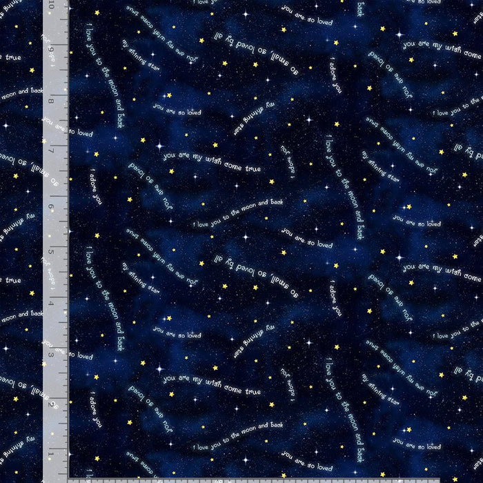 Owl Always Love You fabric collection navy fabric with stars and  loved words throughout