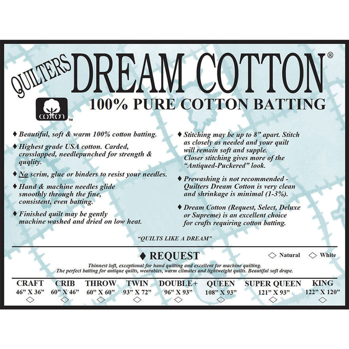 Quilters Dream cotton batting Request Natural Double 96" x 93"