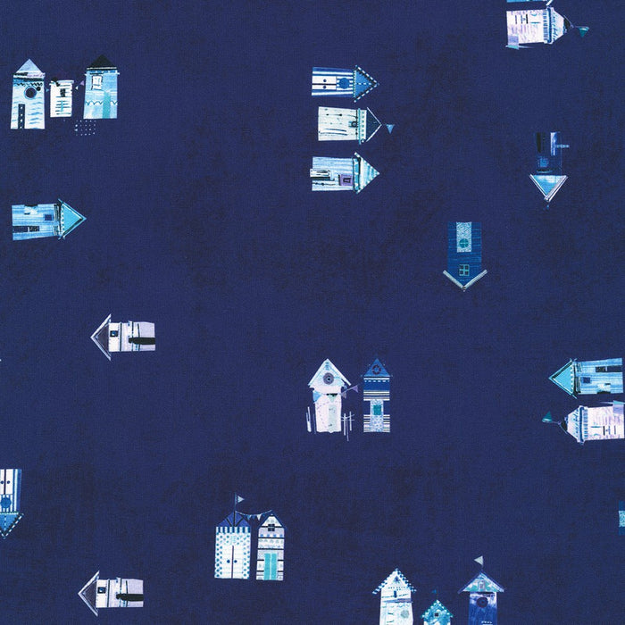 Shoreline Beach Navy fabric by Robert Kaufman, featuring coastal beach scenes in deep navy tones, designed by Liz and Kate Pope.