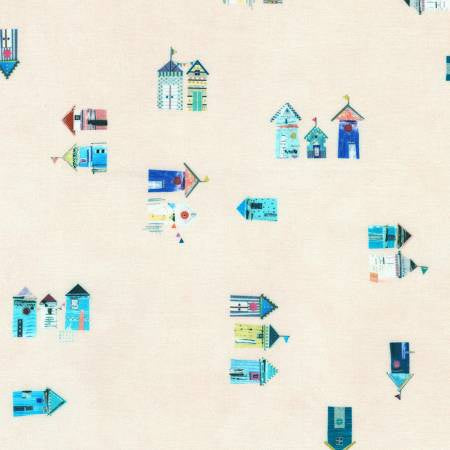 Shoreline Beach Sand fabric by Robert Kaufman, with sandy beach imagery by Liz and Kate Pope, ideal for coastal decor.