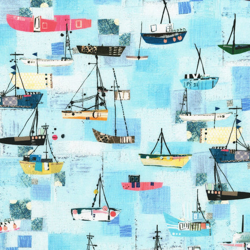 Shoreline Boats Sea Mist fabric by Robert Kaufman, displaying sailboats on a sea mist backdrop, perfect for coastal projects.