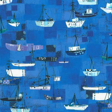 Shoreline Boats Regatta fabric by Robert Kaufman, featuring regatta-inspired sailboats in rich tones, by Liz and Kate Pope.