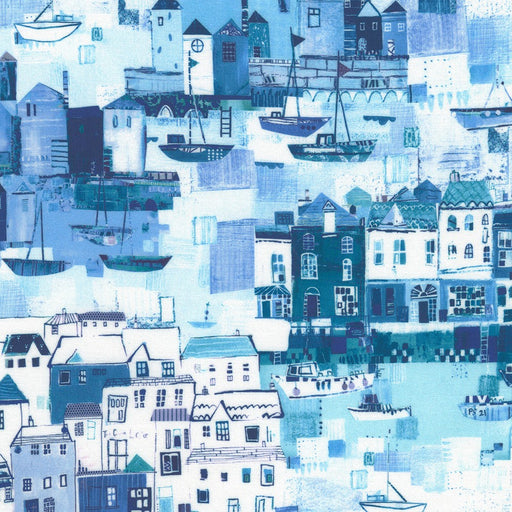 Shoreline Boats Nautical fabric by Robert Kaufman, showcasing navy sailboats, ideal for ocean-inspired quilts and decor.