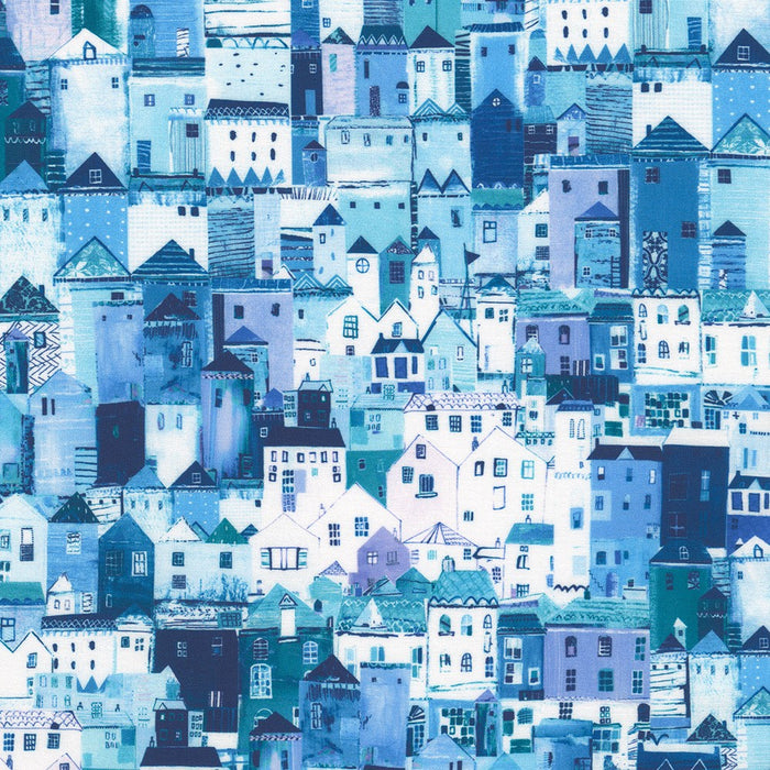 Shoreline Houses Nautical fabric by Robert Kaufman, featuring coastal houses in a nautical palette, ideal for quilting.