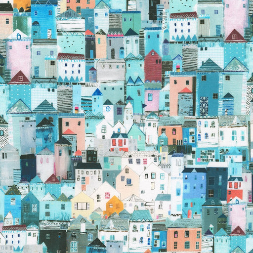 Shoreline Houses Seascape fabric by Robert Kaufman, showcasing colorful coastal houses, perfect for beach-themed projects.