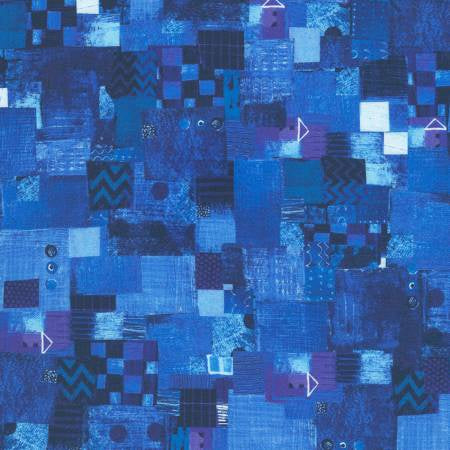 Shoreline Patchwork Marine fabric by Robert Kaufman, with marine-colored patchwork design, ideal for ocean-inspired quilts.