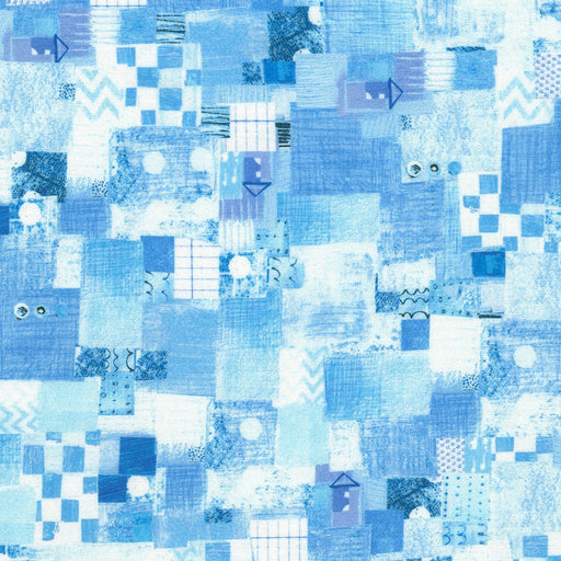 Shoreline Patchwork Sky fabric by Robert Kaufman, with sky-colored patchwork patterns, perfect for coastal quilting.