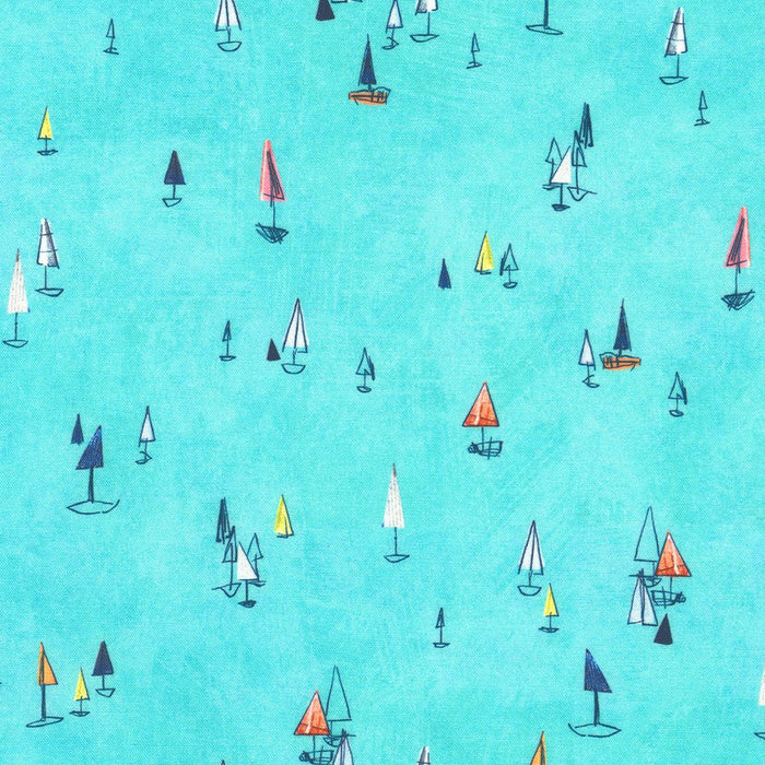 Shoreline Sailboats Aqua fabric by Robert Kaufman, displaying sailboats on an aqua background, designed by Liz and Kate Pope.