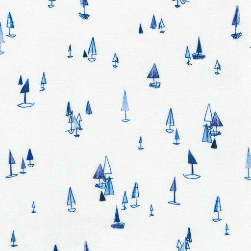 Shoreline Sailboats Nautical fabric by Robert Kaufman, featuring sailboats in navy on white fabric, ideal for nautical-themed quilts and decor.